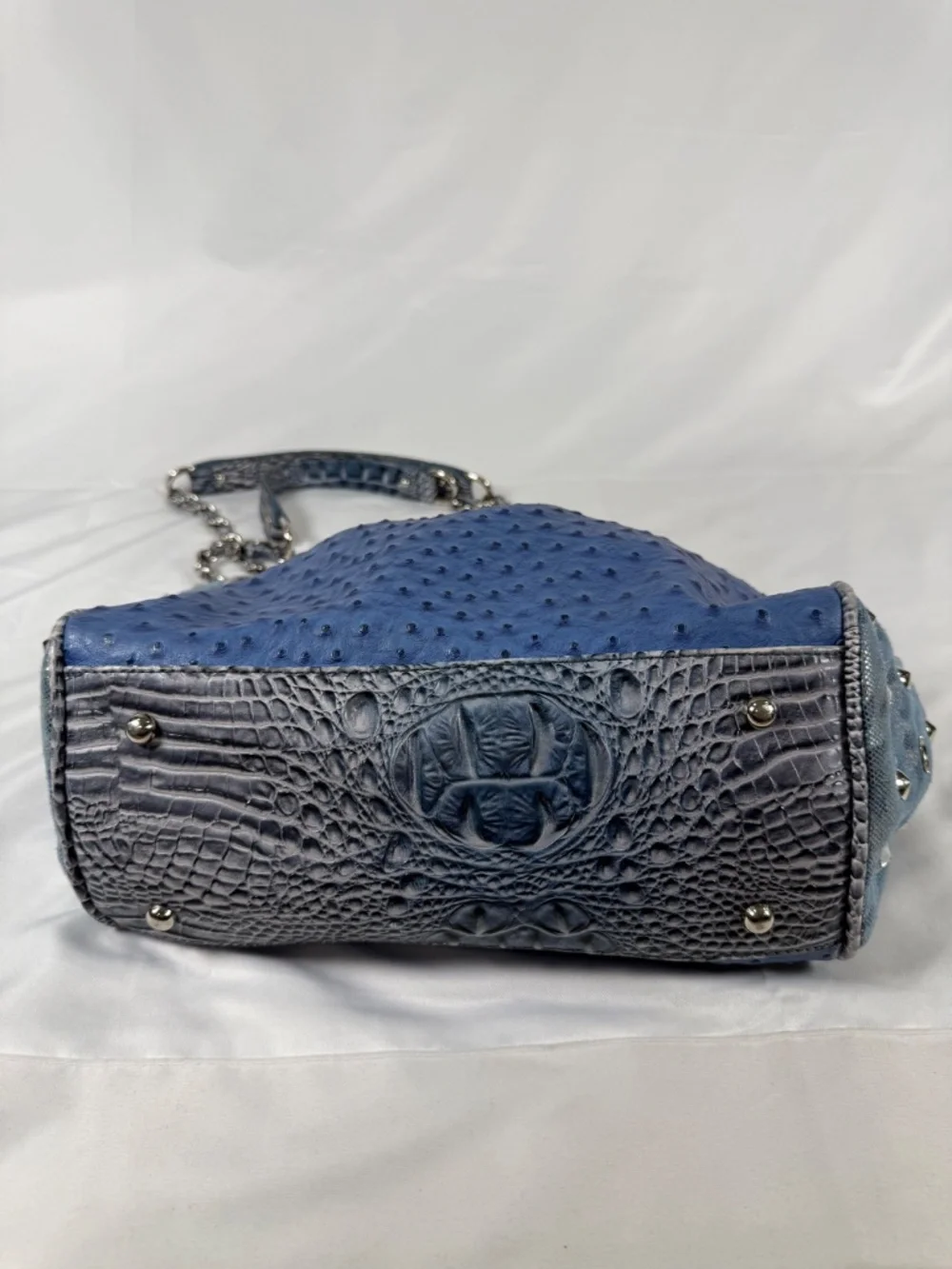 Blue Faux Ostrich Studded Chain Shoulder Bag Y2K Western Glam